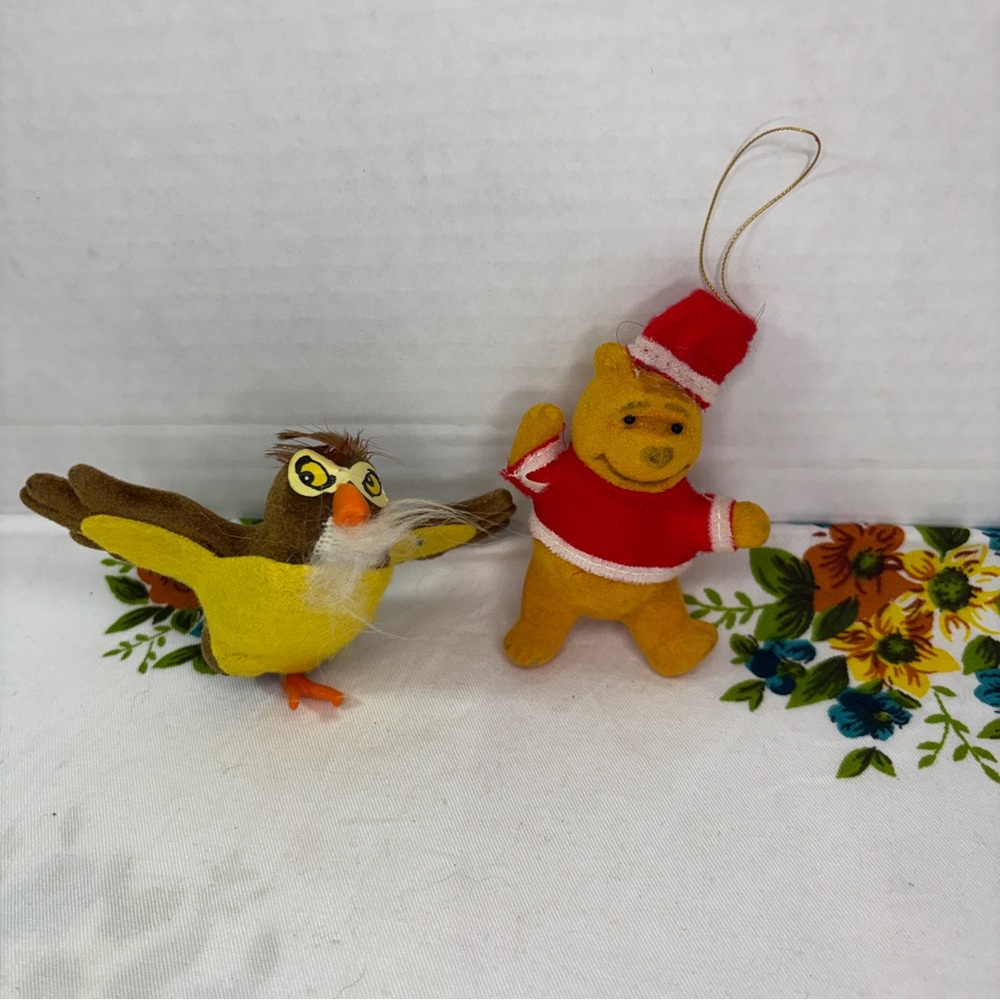 Vintage Walt Disney Pooh Bear & Owl Christmas Tree Santa Flocked Ornaments